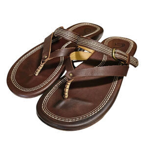 OluKai Brown Leather Thong Sandals Beach Hawaii Boho  8